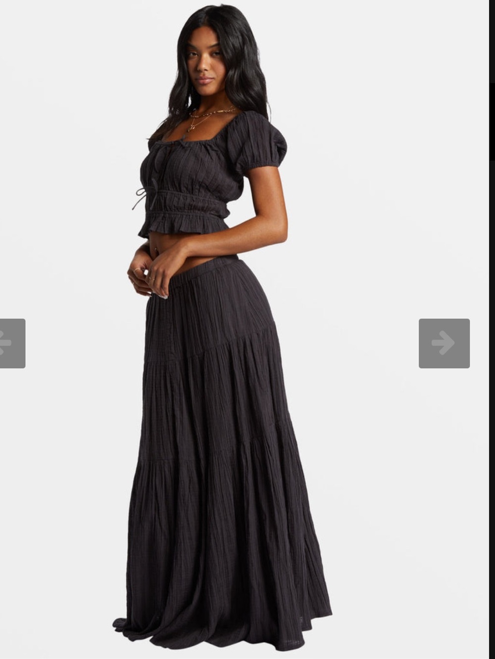 Billabong Charcoal Gray Crinkle Tiered Maxi Skirt Large Boho Peasant Flowy